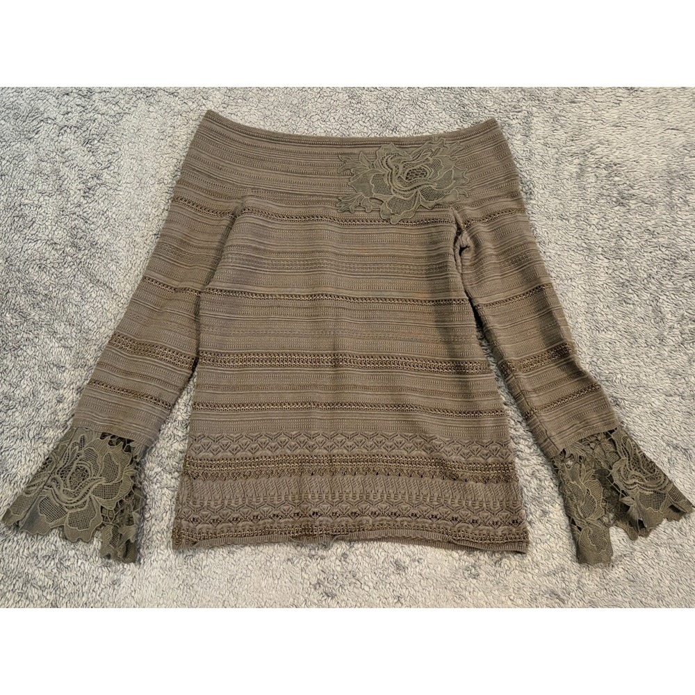 INC International Concepts Green Off Shoulder Lace Floral Bell Sleeve Sweater S